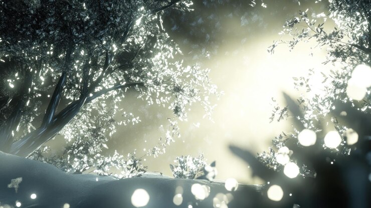 PSD escena mágica del bosque de invierno por la noche con árboles cubiertos de nieve y luces brillantes