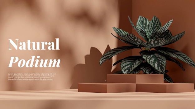 Escena de maqueta podio de bloque marrón en paisaje con planta de casa calathea de rayas rosas