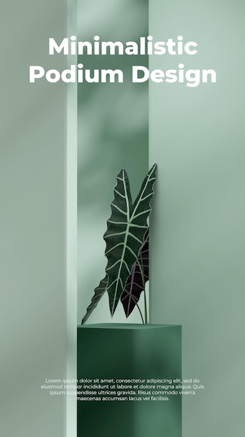 Escena de la maqueta del podio del rectángulo verde en retrato con render 3D de la planta de la casa alocasia amazonica
