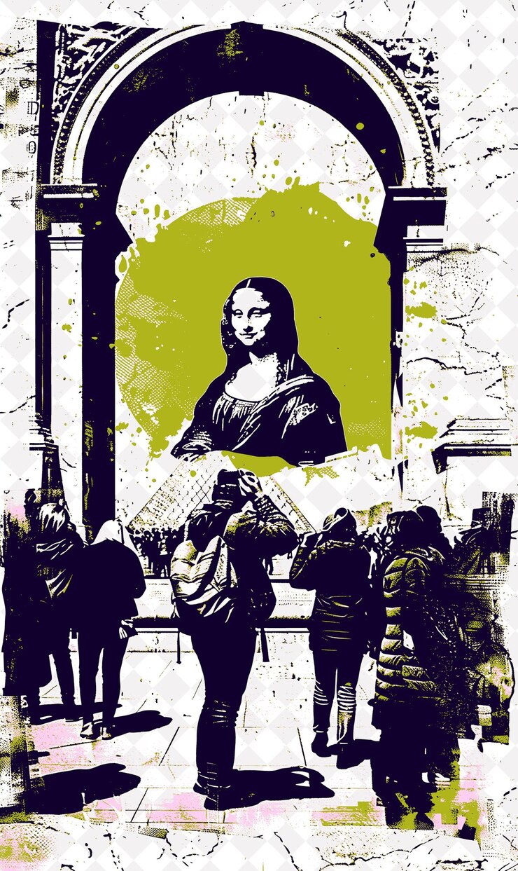 PSD la escena de la mona lisa en parís con el museo del louvre y el diseño de ilustraciones de la cultura de peop italy