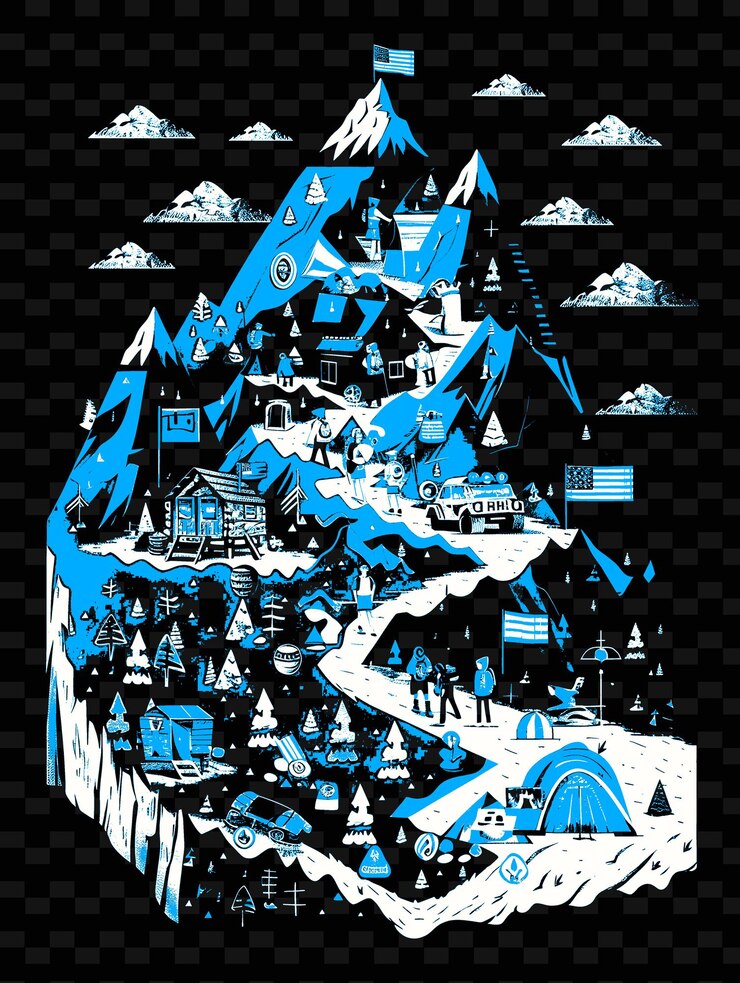 PSD una escena de montaña con personas caminando y acampando diseños de ideas de ilustración creativas de american fla
