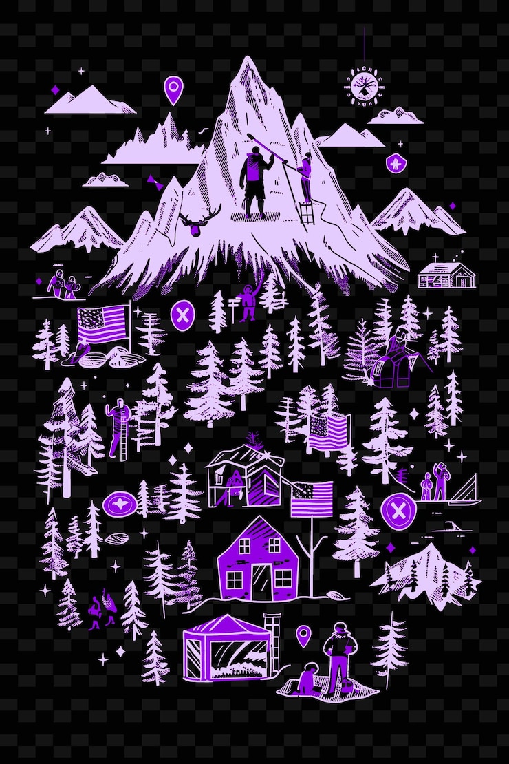 PSD una escena de montaña con personas caminando y acampando diseños de ideas de ilustración creativas de american fla