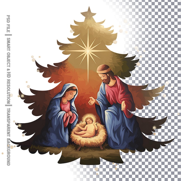 PSD escena de la natividad con árbol de navidad ilustración de la sagrada familia