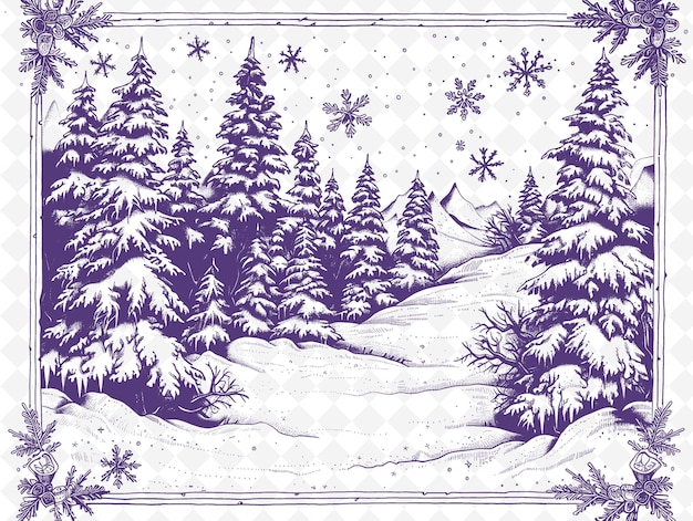 Una escena de nieve púrpura y blanca con un bosque cubierto de nieve y árboles