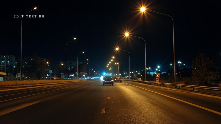 PSD escena nocturna en la carretera con coches conduciendo bajo las luces de la calle
