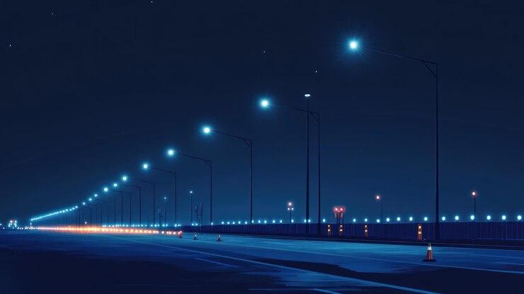 PSD escena nocturna en la carretera con luces de calle iluminadas