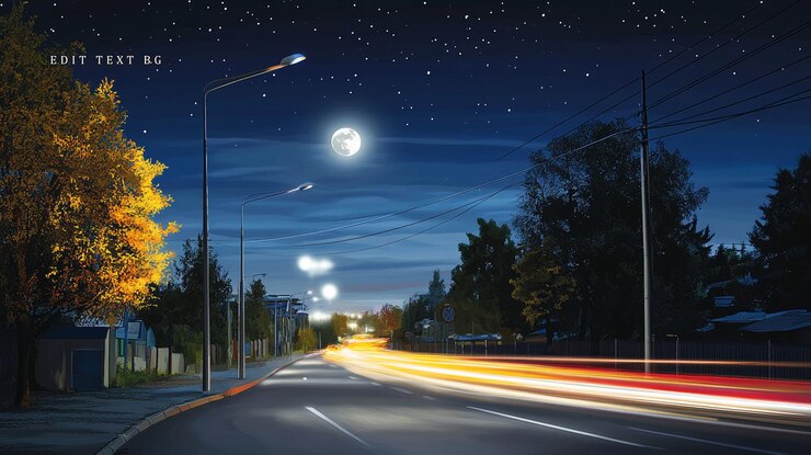 PSD escena noturna de rua com trilhas de luz de lua cheia e árvores de outono