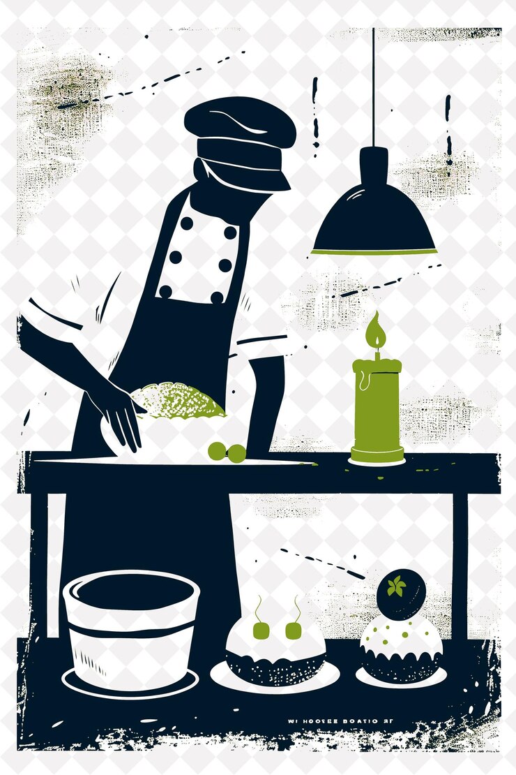 PSD escena de panettone con un panadero y un cliente en el diseño de ilustración de la cultura italiana