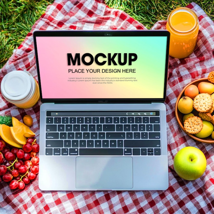 PSD escena de picnic con bebidas de frutas frescas