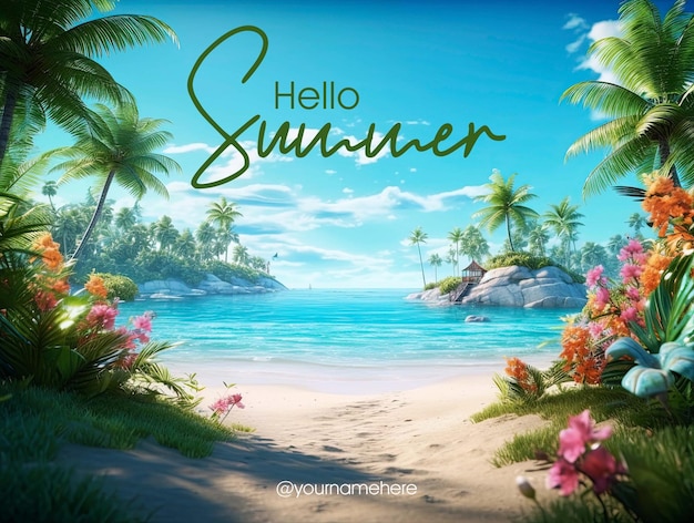 PSD una escena de playa con una playa y palmeras y la palabra hola verano.