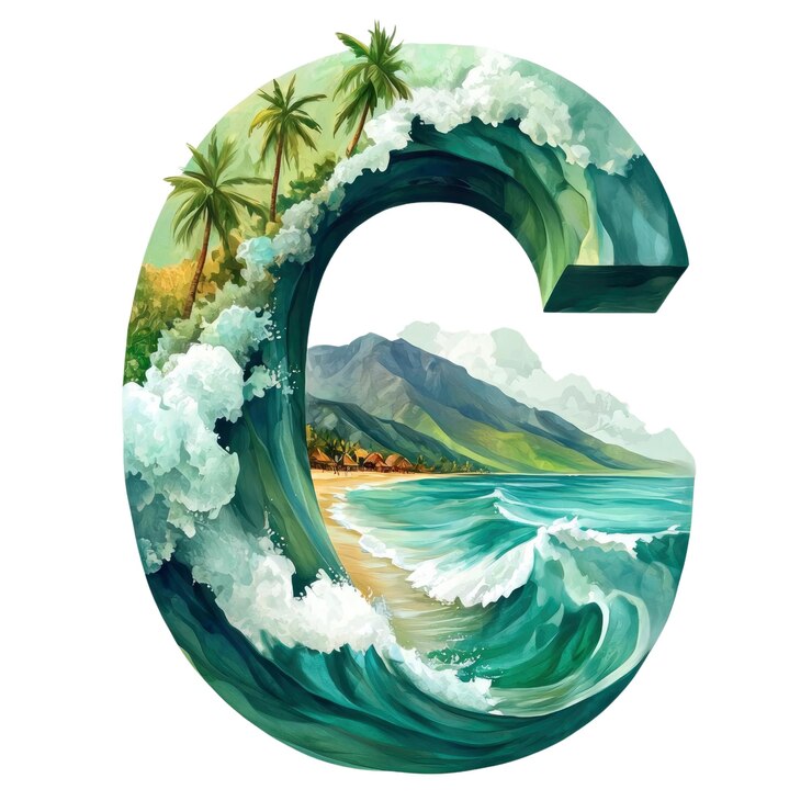 PSD escena de una playa tropical dentro de una ola que forma la letra c