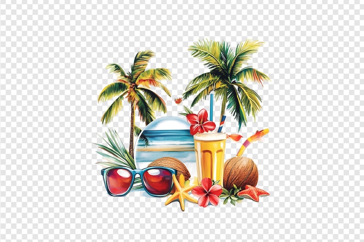 PSD escena de playa de verano tropical con bebida de coco y estrellas de mar aisladas en un fondo transparente