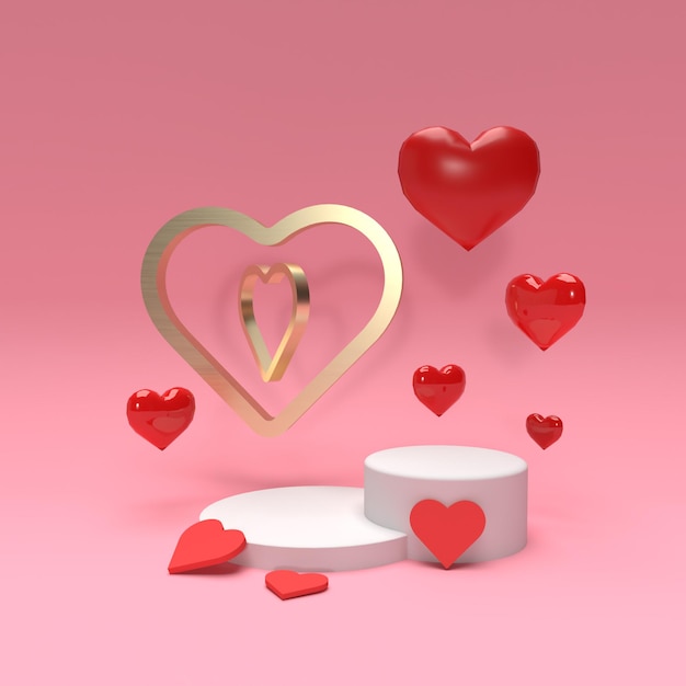 Escena de producto 3d con corazones y anillo de oro para publicidad.