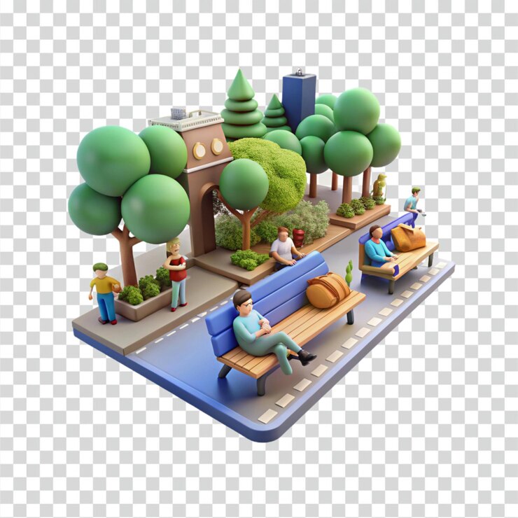 PSD escena relajante del parque renderizado en 3d de personas y árboles exuberantes