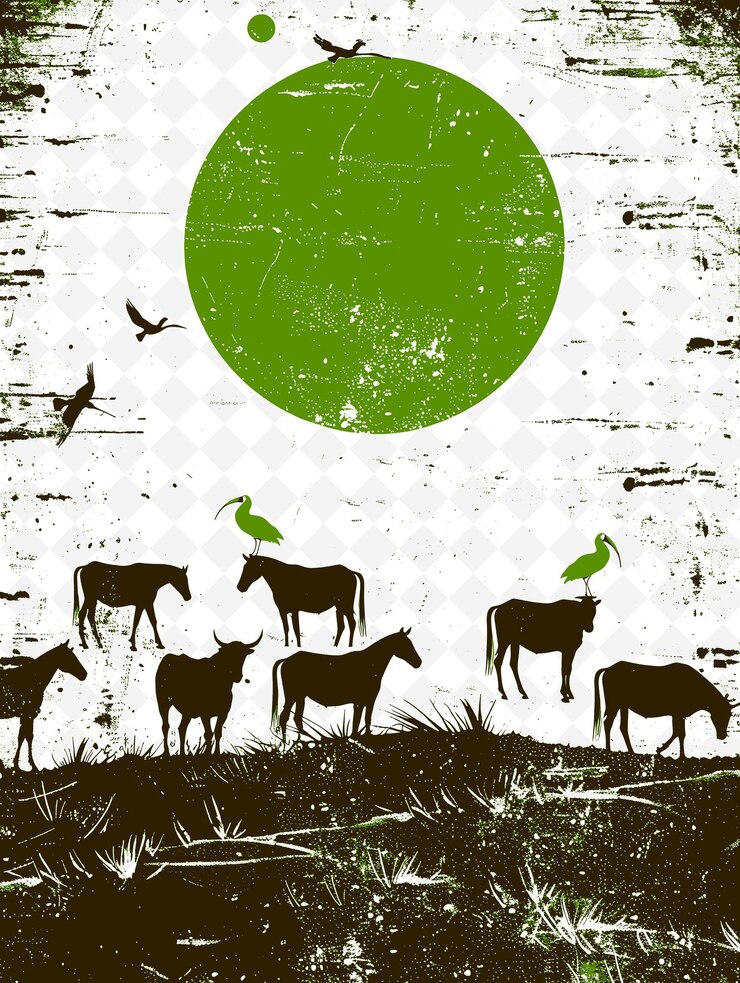 PSD escena de la sabana brasileña con caballos y ganado vagando e ilustración de la vida y la cultura brasileñas