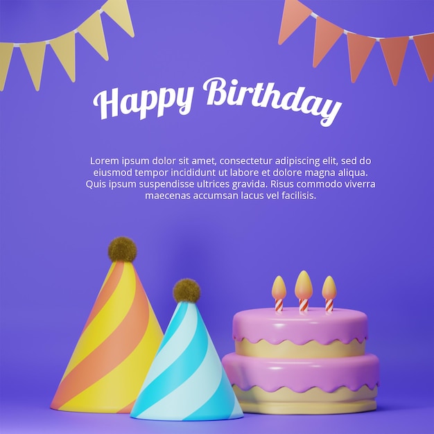 PSD escena de saludo de cumpleaños 3d con pastel y gorro de fiesta