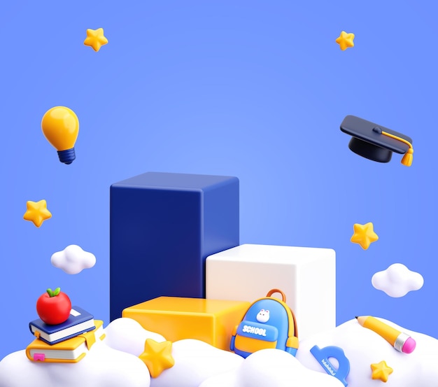 Escena soñadora de regreso a la escuela y graduación en 3D con libros de nubes y herramientas creativas