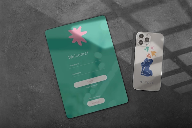 Escena con teléfono inteligente y tableta en la sombra.