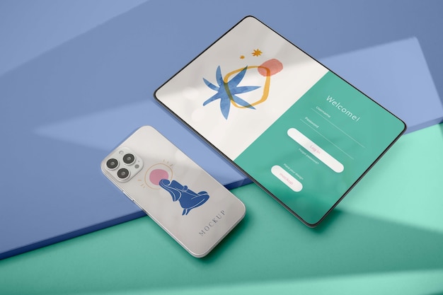 PSD escena con teléfono inteligente y tableta en la sombra.