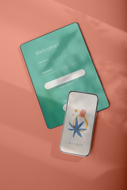 PSD escena con teléfono inteligente y tableta en la sombra.