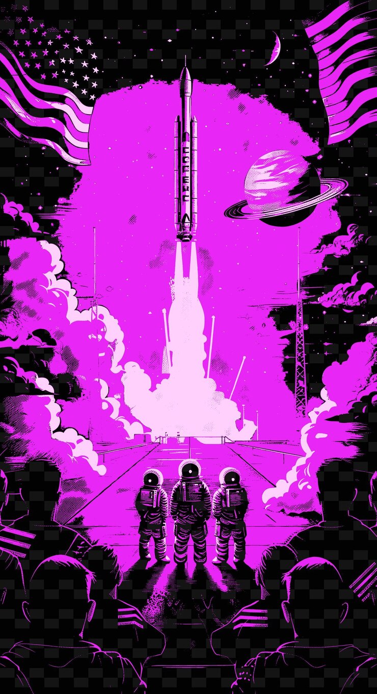 PSD una escena con temática espacial con personas viendo un lanzamiento de cohete am diseños de ideas de ilustración creativas