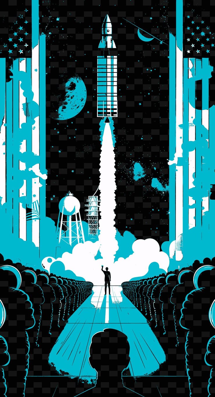 PSD una escena con temática espacial con personas viendo un lanzamiento de cohete am diseños de ideas de ilustración creativas