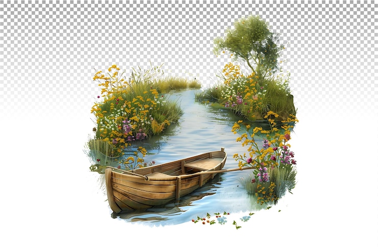 PSD una escena tranquila en el río con un pequeño barco de madera rodeado de flores silvestres
