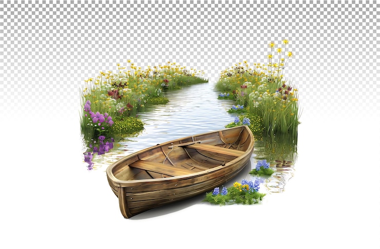 PSD una escena tranquila en el río con un pequeño barco de madera rodeado de flores silvestres