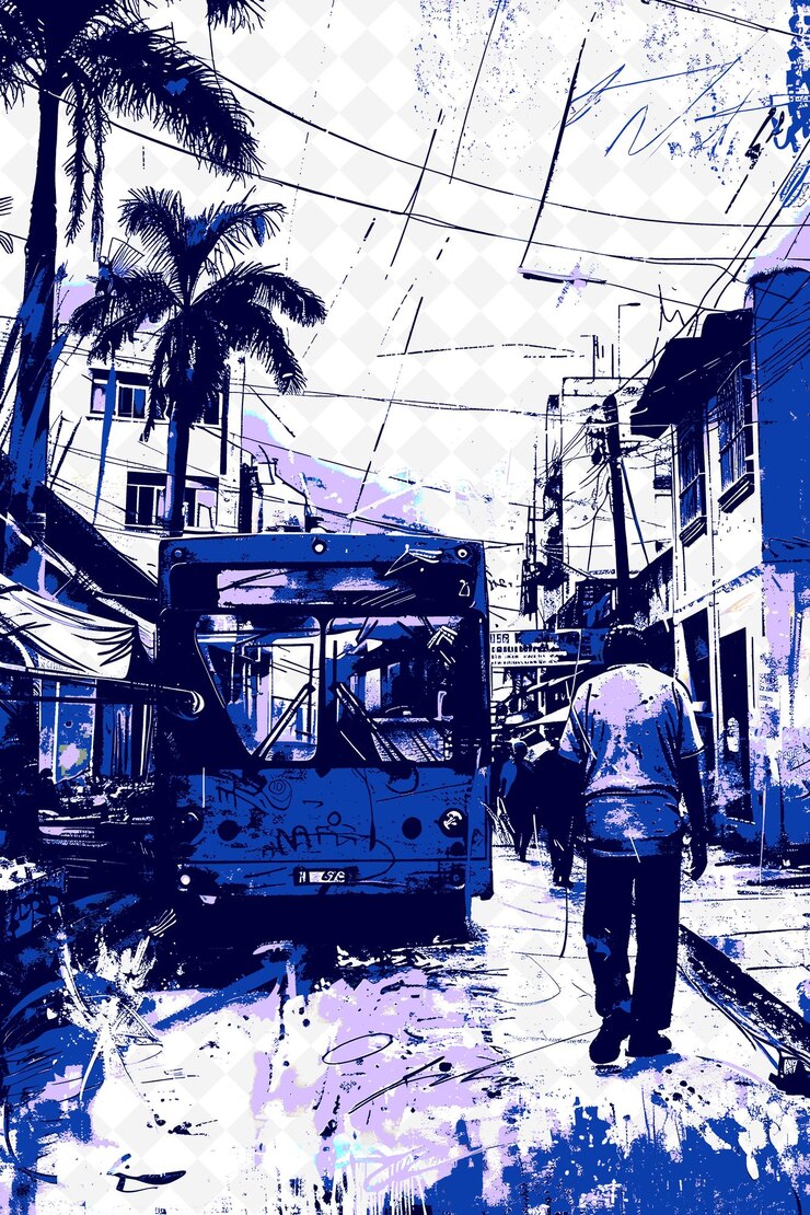 PSD escena urbana de nova iguau con un autobús y un vendedor callejero una ilustración roja vida y cultura brasileña