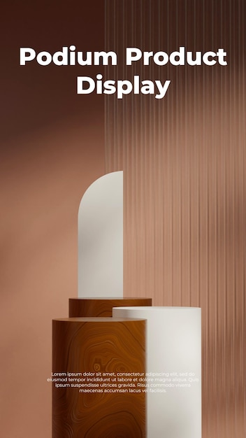 escena vacía textura de madera podio de cilindro curvo en arco de retrato y pared de vidrio renderización 3D