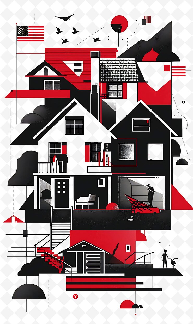 PSD escena de vivienda con una oficina de bienes raíces y una casa de agentes ico flat ilustración diseño de cartel