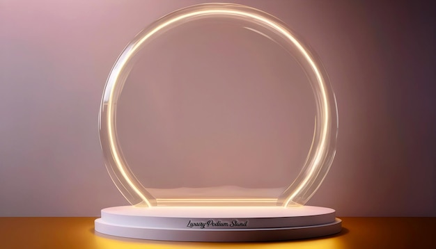 Escenario de círculo blanco renderizado en 3D con iluminación de luz de neón gris tubo de vidrio redondo para exhibición de productos