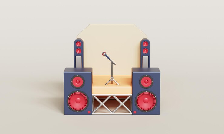 PSD escenario de concierto de música con altavoz y icono de micrófono renderización 3d