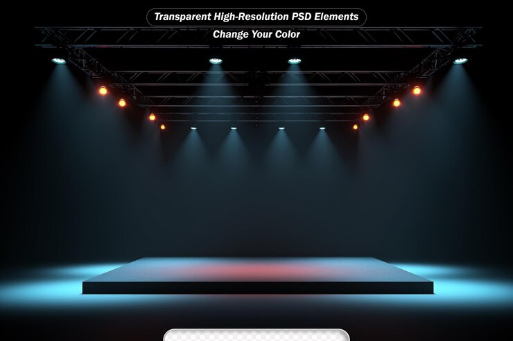 PSD escenario con equipo de iluminación en un escenario spotlight brilla en el escenario