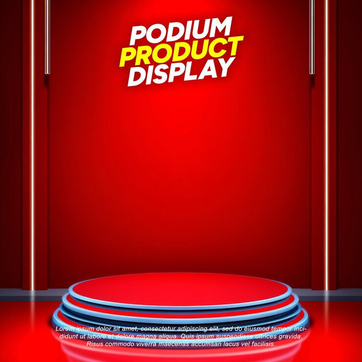PSD escenario de exhibición de productos de podio rojo con acabado azul