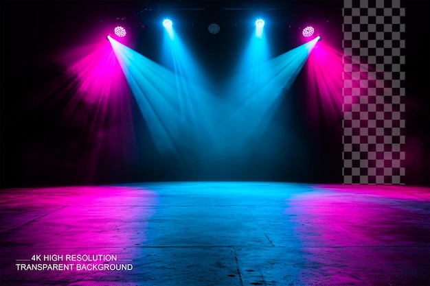 El escenario iluminado con luces azules y rosadas vacío sobre un fondo transparente