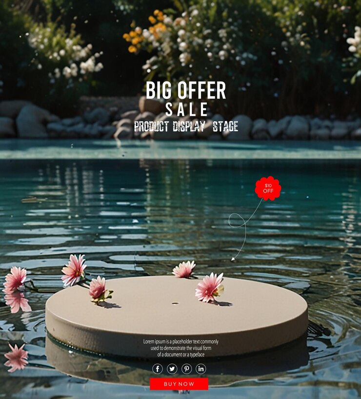 PSD escenario junto a la piscina con agua clara y flores flotantes
