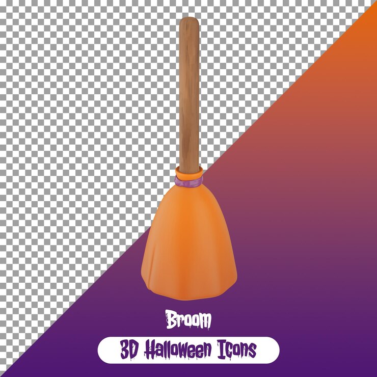 PSD una escoba de bruja en posición de pie para la decoración de halloween 3d png icono de halloween aislado psd