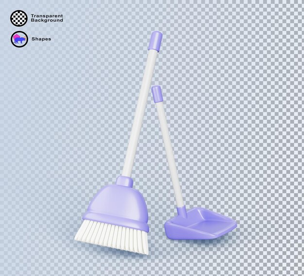 Escoba con estantería aislada sobre fondo azul Equipo doméstico para la limpieza de la casa Escopeta y cepillo de plástico púrpura con mango largo blanco para barrer el suelo Conjunto de renderización de dibujos animados