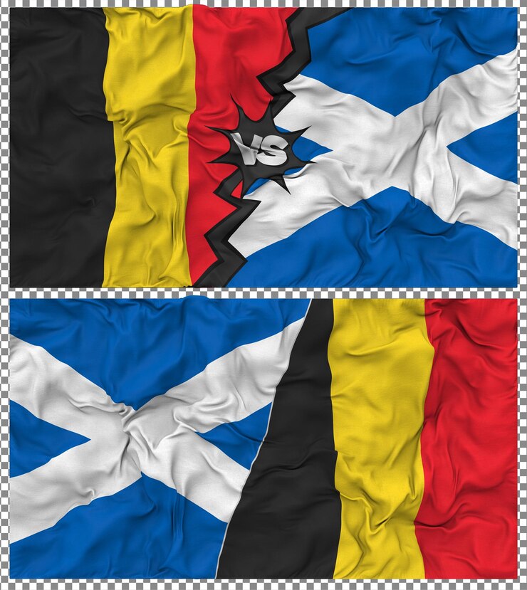 PSD escocia contra bélgica media bandera combinada con textura en 3d