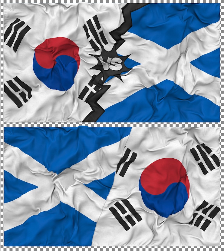PSD escocia contra corea del sur media bandera combinada con textura en 3d