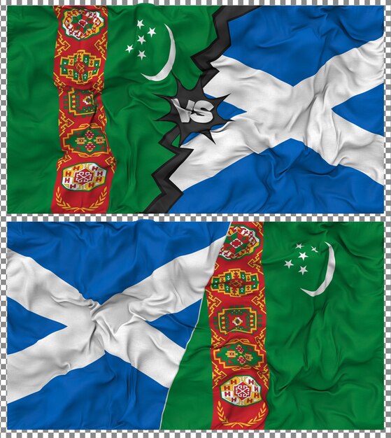 Escocia contra Turkmenistán Media bandera combinada con textura 3D de la tela