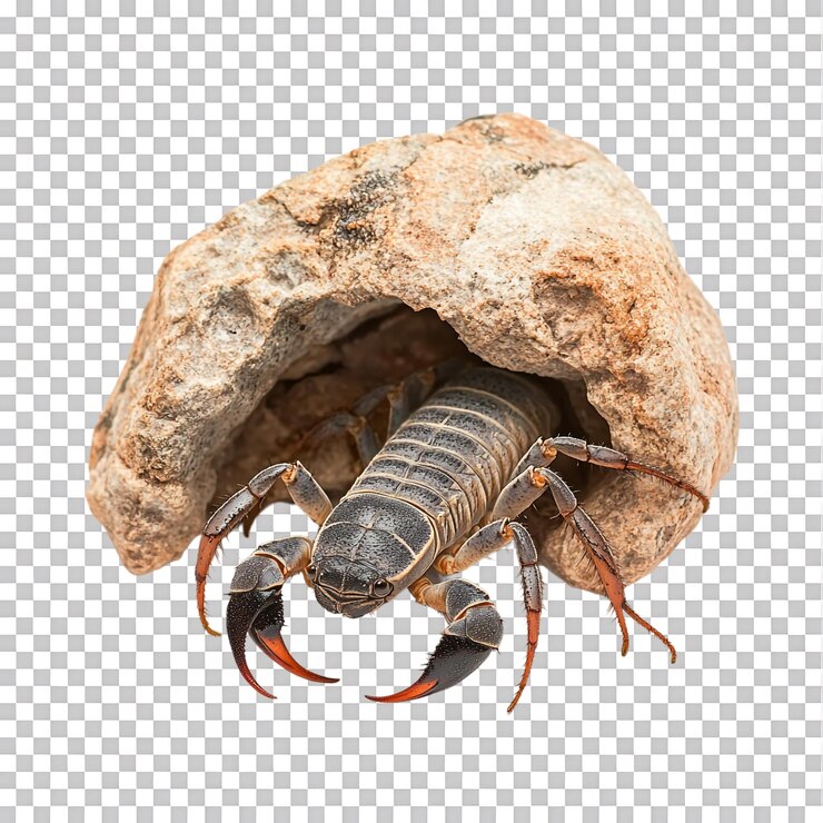 PSD escorpión escondiéndose bajo una roca contra un fondo transparente para estudios de naturaleza materiales educativos o contenido temático de insectos