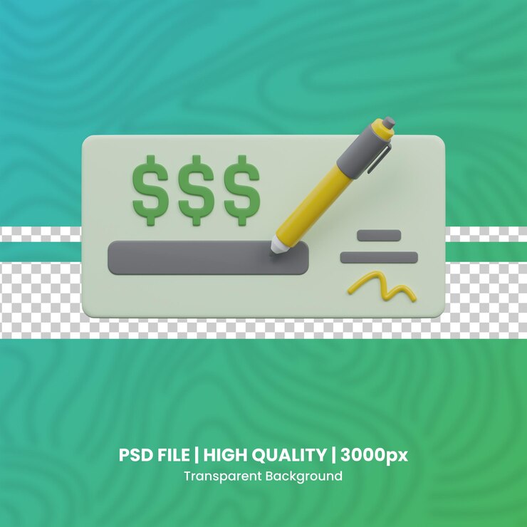 PSD escribir cheque 3d render de alta calidad fondo transparente
