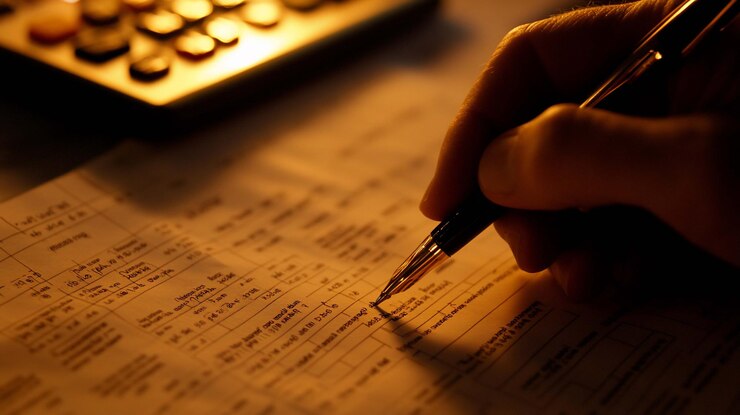 PSD escribir a mano documentos financieros por la noche con una calculadora en el fondo