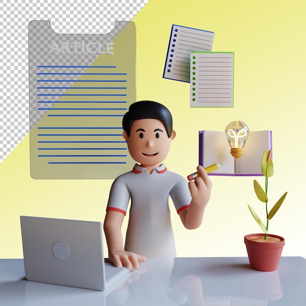 Escritor de blog 3D trabajando en la ilustración de personajes de artículos PSD Premium