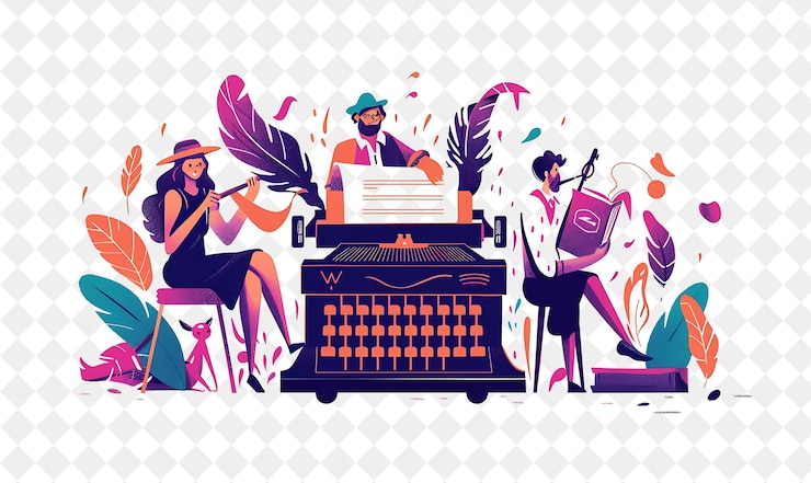 PSD escritor de fantasia com personagens criando histórias e digitando o png pessoas em ilustração de trabalho diário