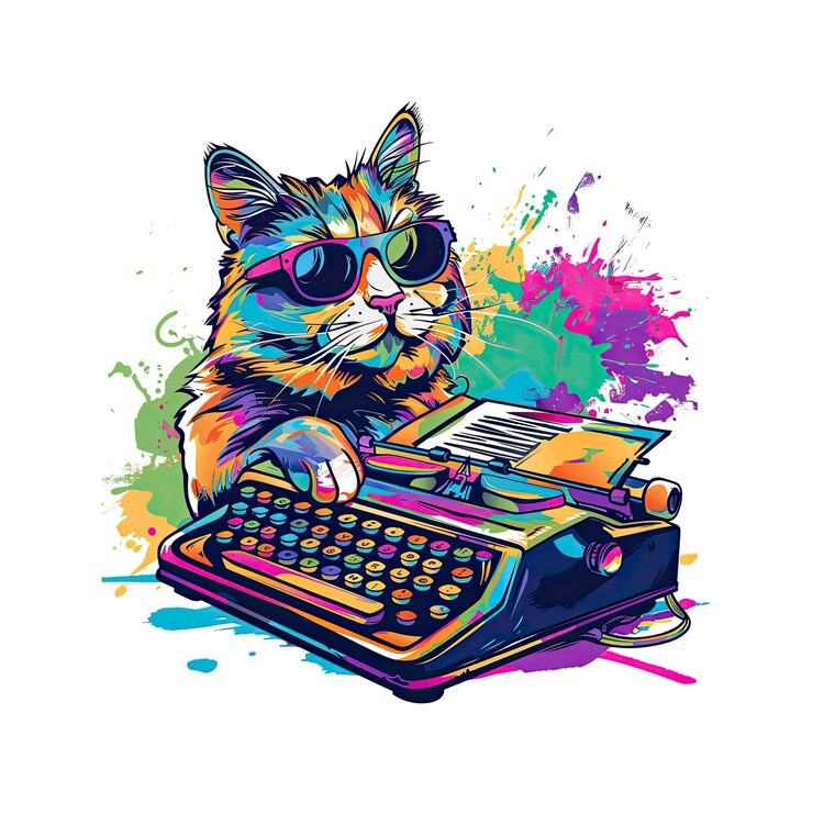 PSD escritor de gato genial con máquina de escribir