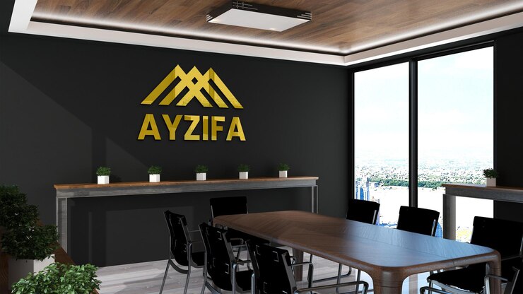 Escritório de maquete de logotipo com interior de madeira
