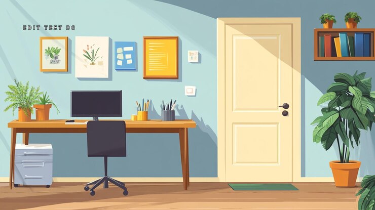PSD escritório em casa iluminado pelo sol com plantas de computadores de mesa e obras de arte